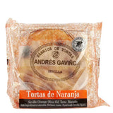 A package of Andrés Gaviño Tortas de Naranja (Seville Orange Olive Oil Torta Biscuits) in clear plastic packaging with a decorative orange and beige patterned border and a central circular label.