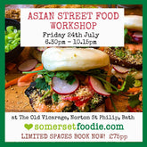 Promotional flyer for an Asian street food workshop with a close-up of a bao bun with char sui pork