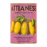 Can of Attianese yellow peeled tomatoes with pink label and tomato illustration.