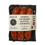 A pack of 3 Artisan Spanish Naturally Smoked Chorizo Sausages made by Bienastur in Asturias.