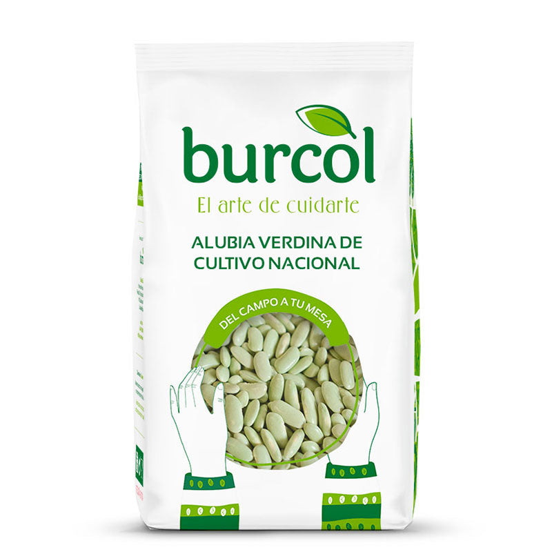 A 1kg bag of Burcol green flageolet verdina beans on a white background