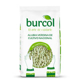 A 1kg bag of Burcol green flageolet verdina beans on a white background