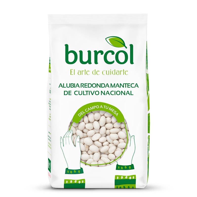 A 1kg bag of Burcol dry round white manteca beans with green and white branding on a white background.