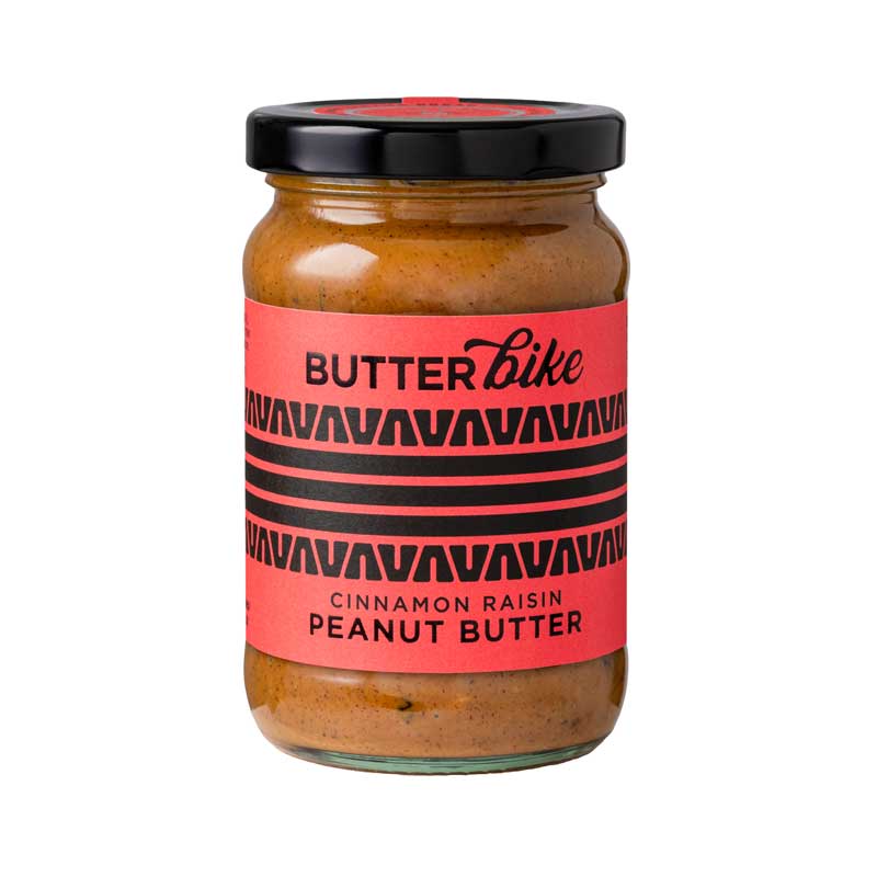 Jar of Butter Bike Cinnamon Raisin Peanut Butter on a white background