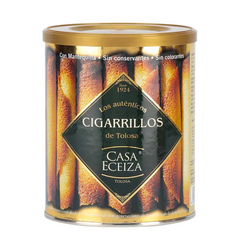 Cylindrical can of Casa Eceiza Cigarrillos with gold lid and label on a white background