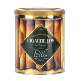 Cylindrical can of Casa Eceiza Cigarrillos with gold lid and label on a white background