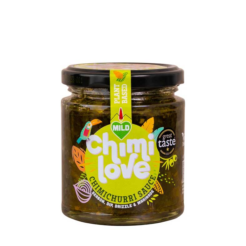 Jar of Chimilove's Chimichurri Sauce Mild on a white background