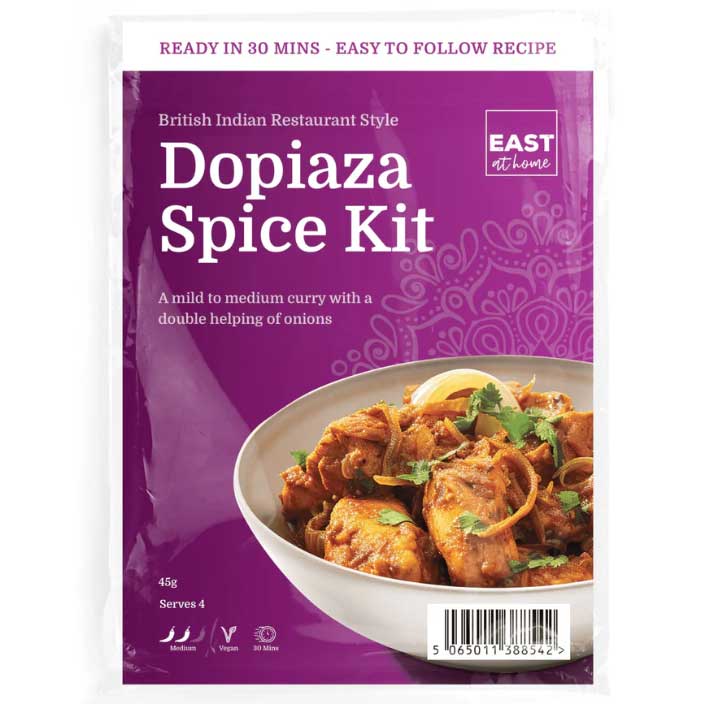Dopiazza Spice Kit packaging with a bowl of curry on a purple background
