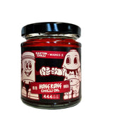 A 220g jar of Easton Chilli + Wangs Hong Kong Chilli Oil with funky branding on the label showing two animated characters on a white background.