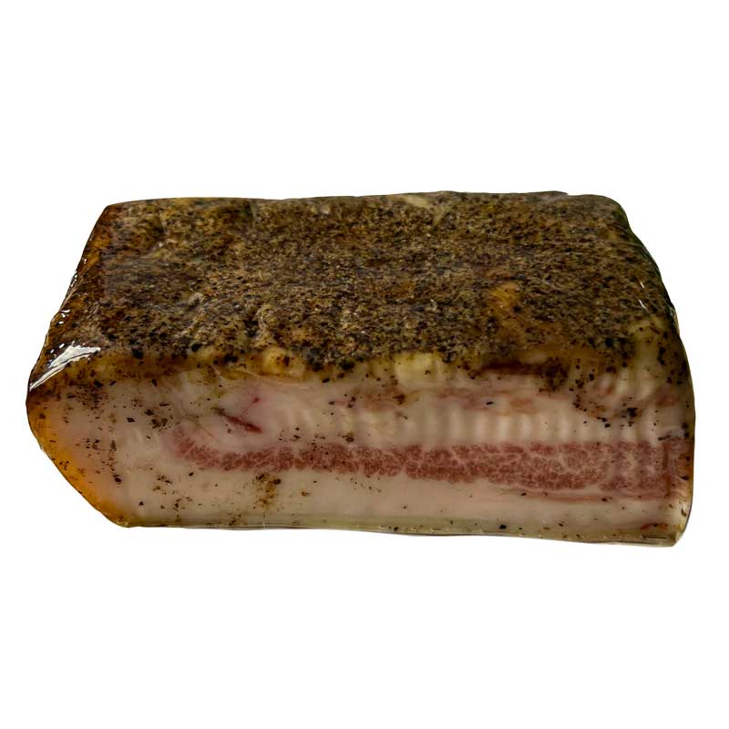A 300g piece of Italian Guanciale Suino al Pepe on a white background