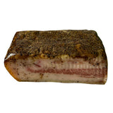 A 300g piece of Italian Guanciale Suino al Pepe on a white background
