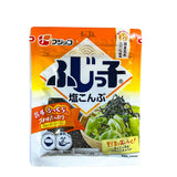 A pack of Fujicco Seasoned Shredded Kombu (Kelp) in a colourful orange packet on a white background.