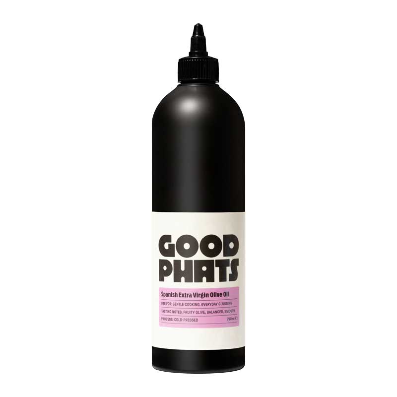 Black squeezy bottle of Good Phats Spanish Extra Virgin Olive Oil on a white background