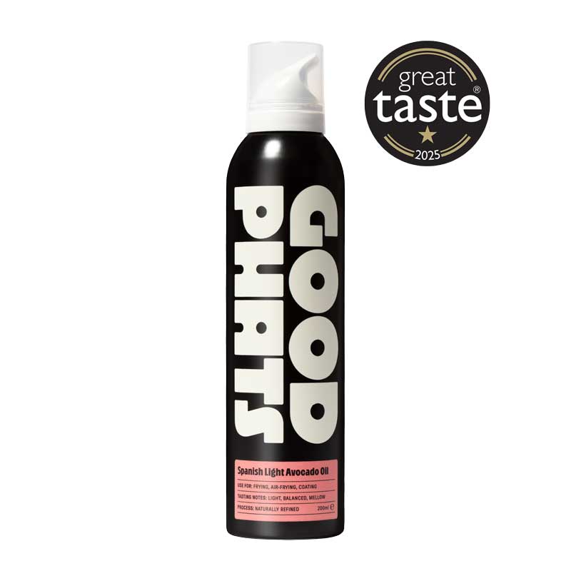 Bottle of 'Good Phats' Spanish Light Avocado Oil in Spray Bottle with 'Great Taste' award badge on a white background