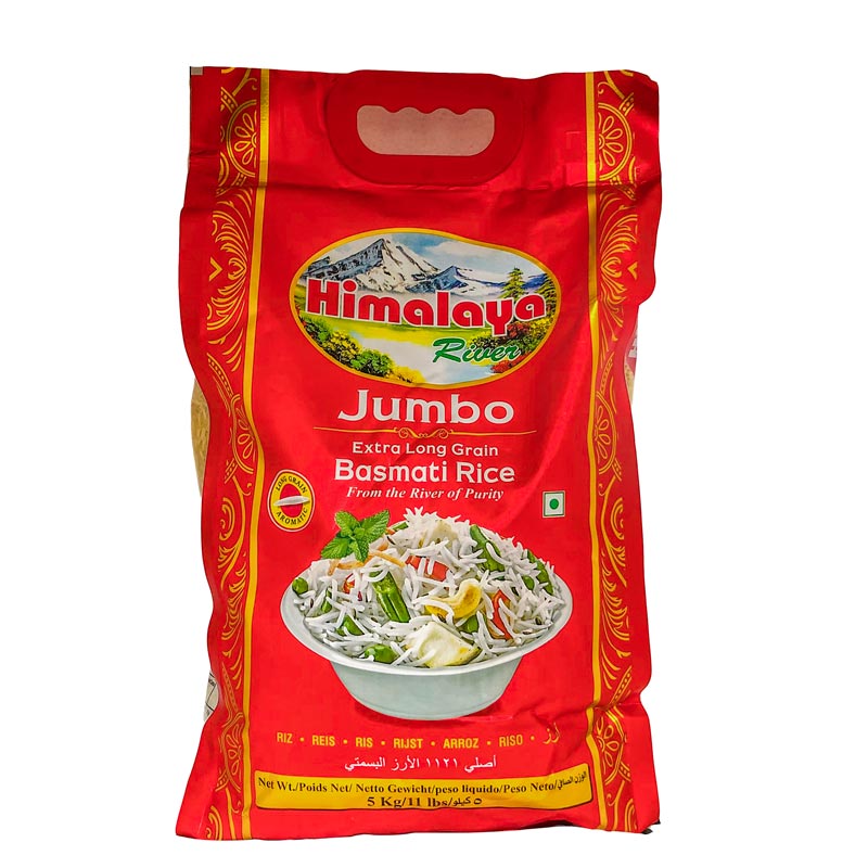 5kg Bag of Himalaya River Extra Long Grain Basmati Rice on a white backgroud