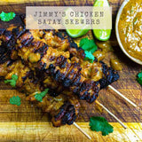 Recipe for Jimmy's Chicken Satay Skewers showing three delicious satay skewers with peanut dipping sauce and lime wedges