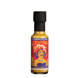 A 125ml bottle of hot La Chipotlera Llorona Salsa featuring a colourful, surrel image of a lady with flowers in her hair