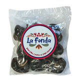 A 100g bag of La Fonda Dried Cascabel Chillies in a clear bag that shows the round dried chillies.