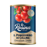 A 400g can of La Rosina Cherry Tomatoes with a image of cherry tomatoes on the blue and gold branding.