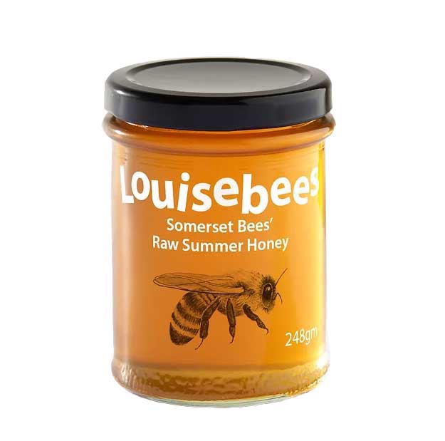A 240g jar of Louise Bees Raw Summer Honey with a bee illustration on the jar, pictured on a white background