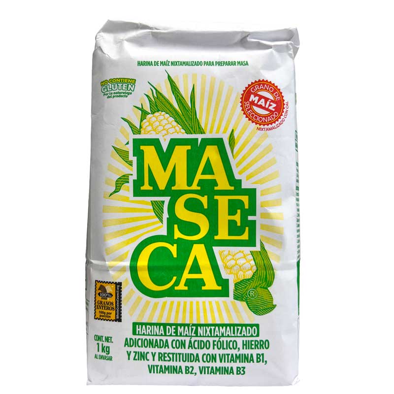 A 1kg bag of Maseca Masa Harina Corn Flour with yellow and green branding and a white bag, pictured on a white background.
