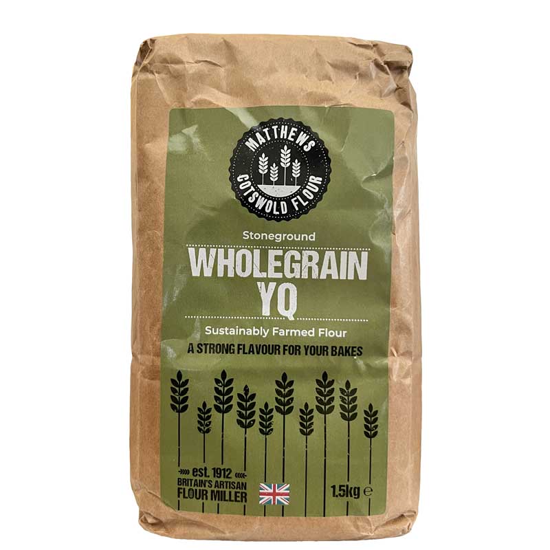A 1.5kg bag of Matthews Regenerative YQ Stoneground Wholegrain Flour with a green label, pictured on a white background