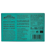 The rear of a 100g pack of Mevalco Don Bocarte Cantabrian Anchovies with attractive blue packaging