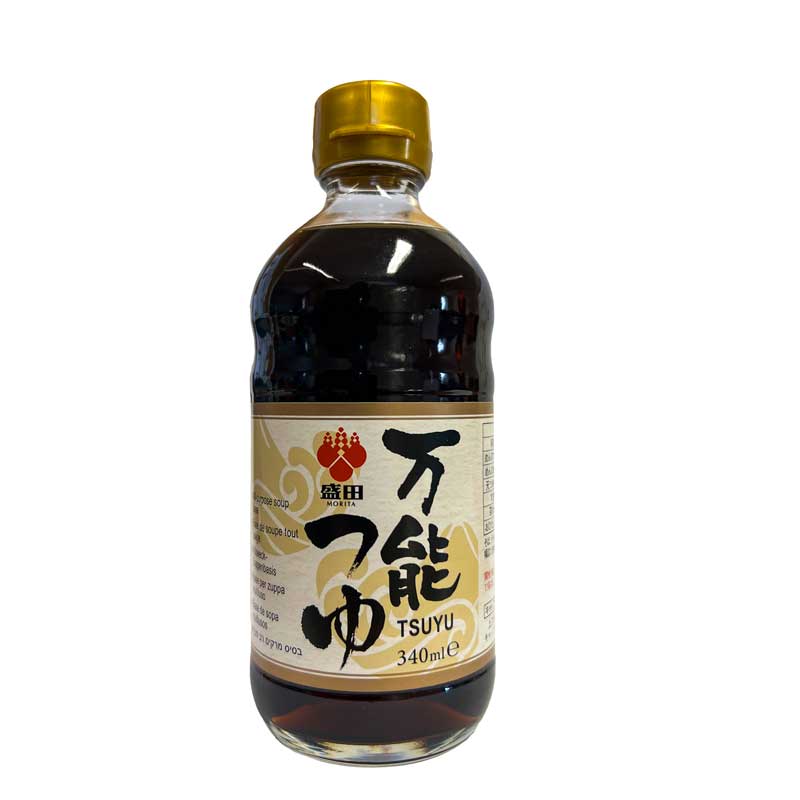 A 340ml bottle of Authentic Japanese Morita Tsuyu Concentrated Liquid Soup Stock on a white background.