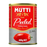 A 400g can of Mutti Italian Peeled Plum Tomatoes with distinct red and grey branding on a white background.
