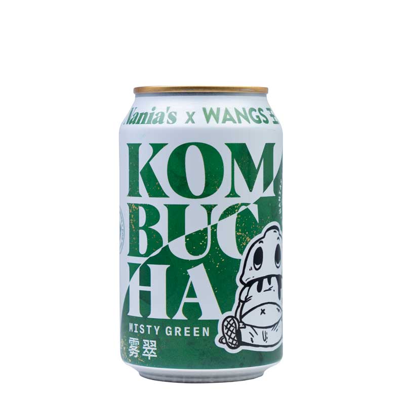 Can of Nania's Misty Green Kombucha with green and white design on a white background