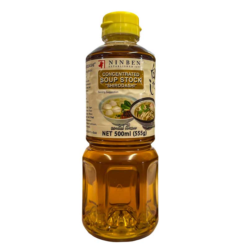 A bottle of Ninben Shiro dashi Soup Stock with a yellow cap on a white background