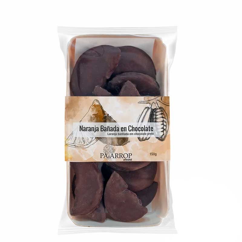 A package of Paiarrope 'Naranja Bañada en Chocolate' - Chocolate dipped candied orange slices - in a clear plastic bag with a beige paper label, set against a plain white background.
