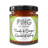 Jar of Master Chef Winner Ping Coombes Tomato and ginger sambal ketchup with 'PING at Home' label on a white background