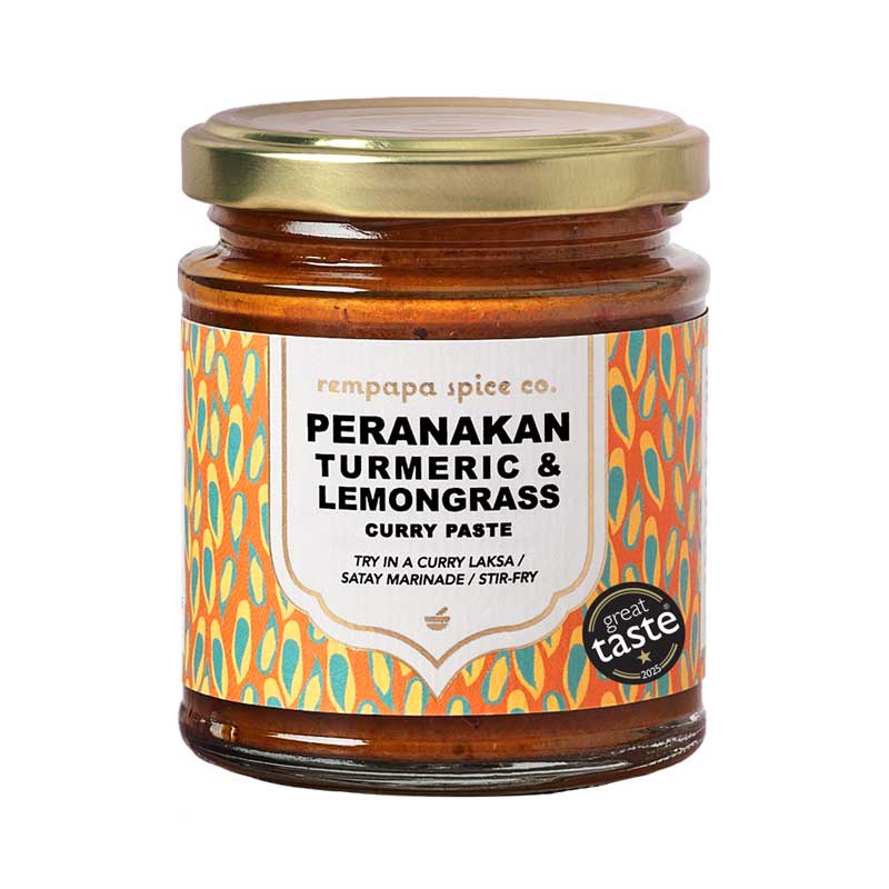 A jar of Rempapa Spice Co Peranakan Turmeric and Lemongrass Curry Paste on a white background