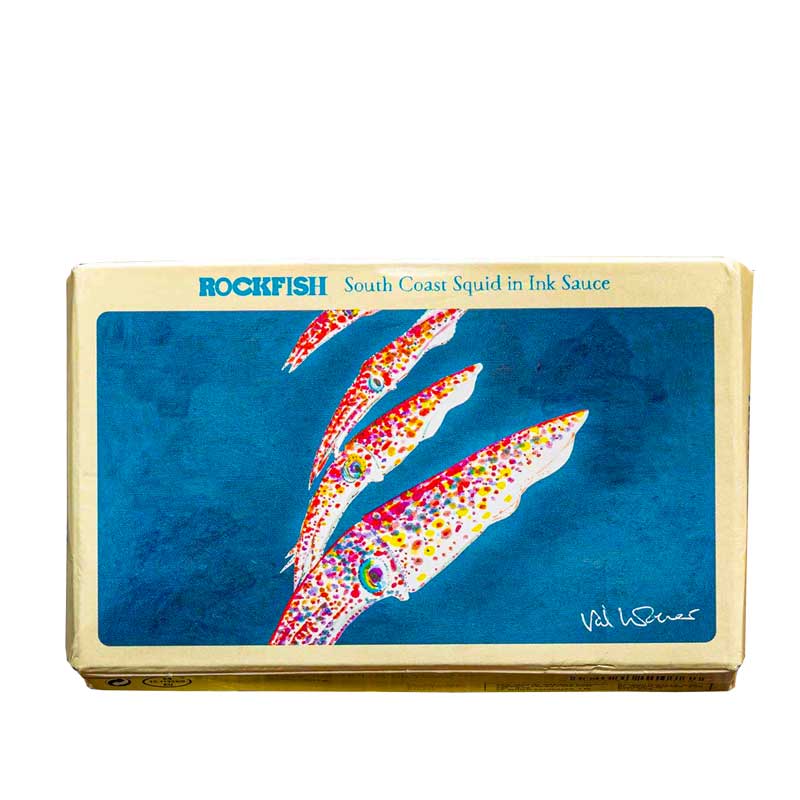 A pretty can of Rockfish South Coast Squid in Ink Sauce with an illustration of squid in the sea