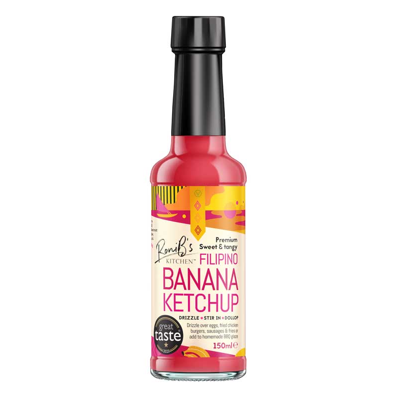 Bottle of Roni's Kitchen Filipino Banana Ketchup on a white background
