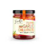 A jar of Roni 's Kitchen Filipino Garlic Chilli Paste with an orange and pink label on a white background