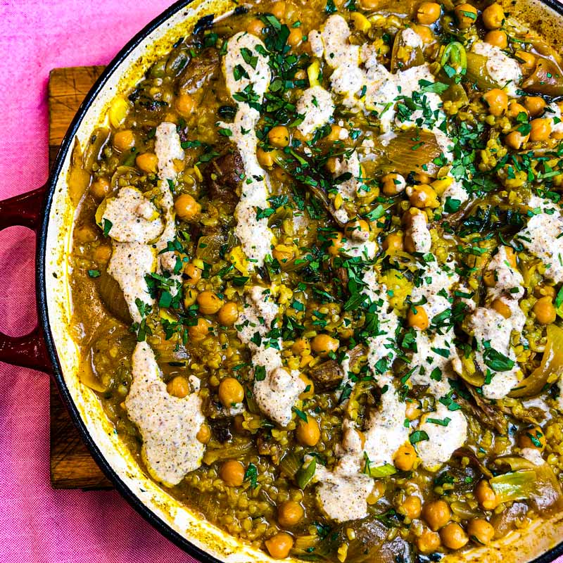 Hawaij Spiced Lamb with Freekeh and Chickpeas