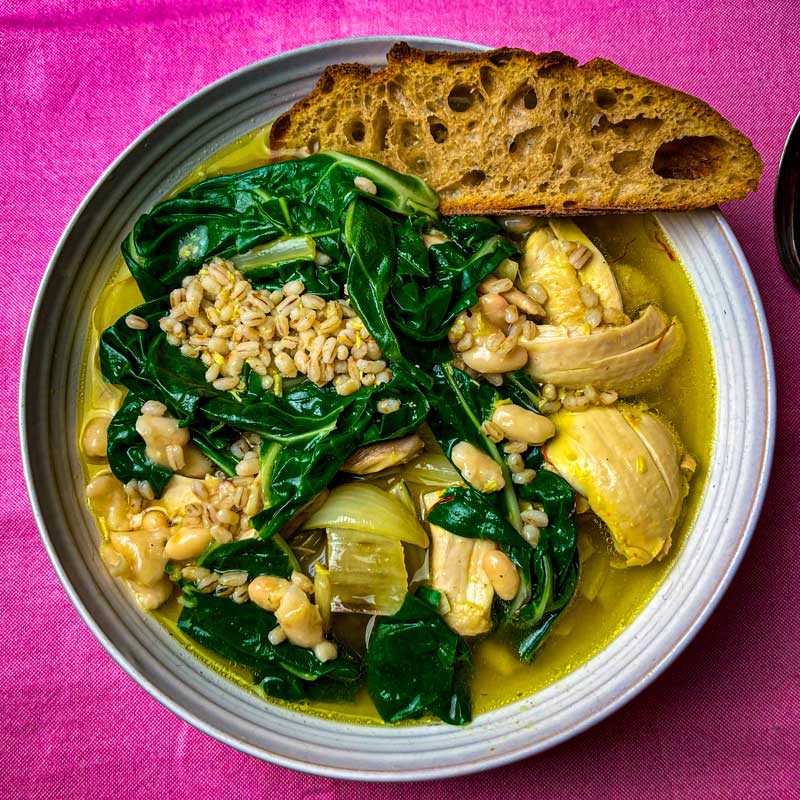 Chicken Soup with Roasted Garlic, Pearl Barley and Saffron