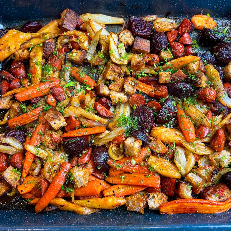 Roasted Root Vegetable & Chorizo Tray Bake