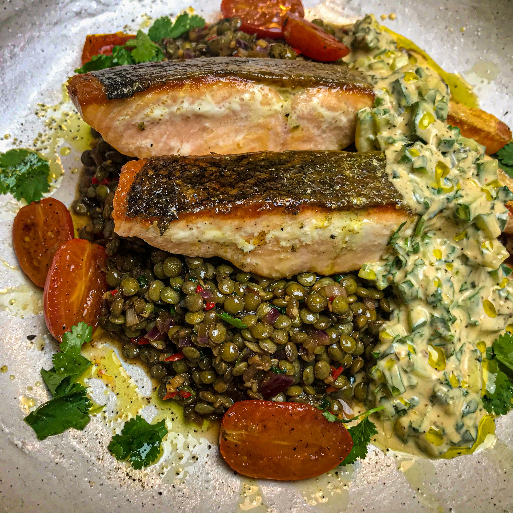 Ginger & Chilli Lentils, with Pan Fried Salmon and a Yoghurt Dressing