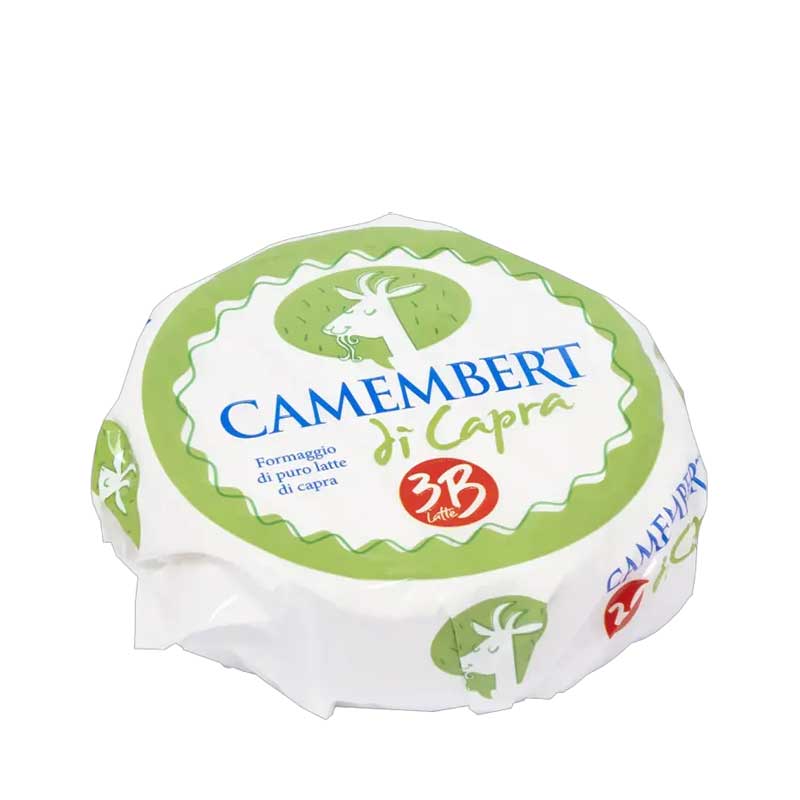 3B Goats milk Camembert cheese wheel with green and white packaging on a white background