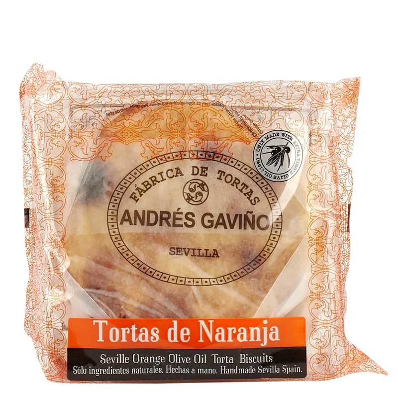 A package of Andrés Gaviño Tortas de Naranja (Seville Orange Olive Oil Torta Biscuits) in clear plastic packaging with a decorative orange and beige patterned border and a central circular label.