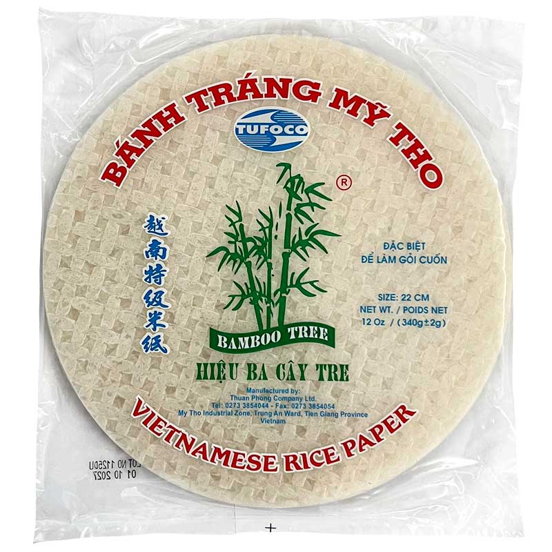 A round 340g package of Bamboo Tree 22cm Vietnamese rice papers, sealed in a clear plastic bag against a white background.