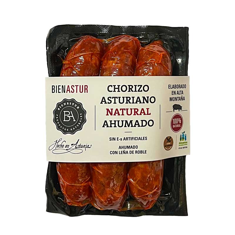 A pack of 3 Artisan Spanish Naturally Smoked Chorizo Sausages made by Bienastur in Asturias. 