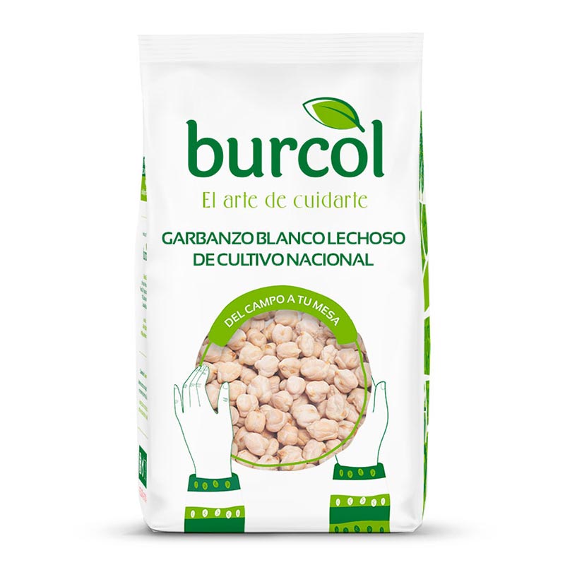 A 1kg bag of Burcol dry lechoso chickpeas on a white background.