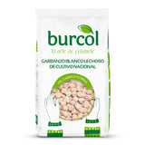 A 1kg bag of Burcol dry lechoso chickpeas on a white background.