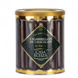 Tin of Casa ceiza Chocolate Cigarrillos Wafer Biscuits with a gold lid on a white background
