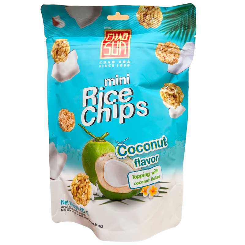 A 60g pack of Chao Sua Coconut Flavour mini Rice Chips with blue and white branding on the bag, pictured on a white background.