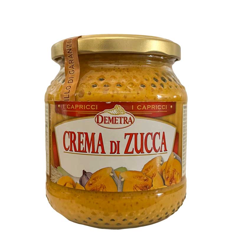 A 550g jar of Demetra Italian Crema di Zucca - Pumpkin Cream with images of pumpkins on the label